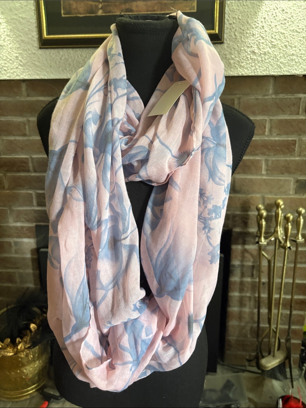 Light Pink Floral Infinity Scarf with Blue Print - Women Accessories